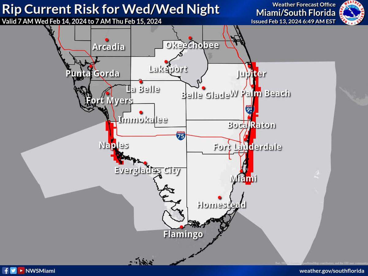 The risk for rip currents will remain high through Friday across most of South Florida’s coast, according to the National Weather Service in Miami. On Tuesday, the risk is anticipated to decrease in Broward and Miami-Dade counties before going back up the next day. Regardless, swimmers are advised to heed the warnings from local authorities.