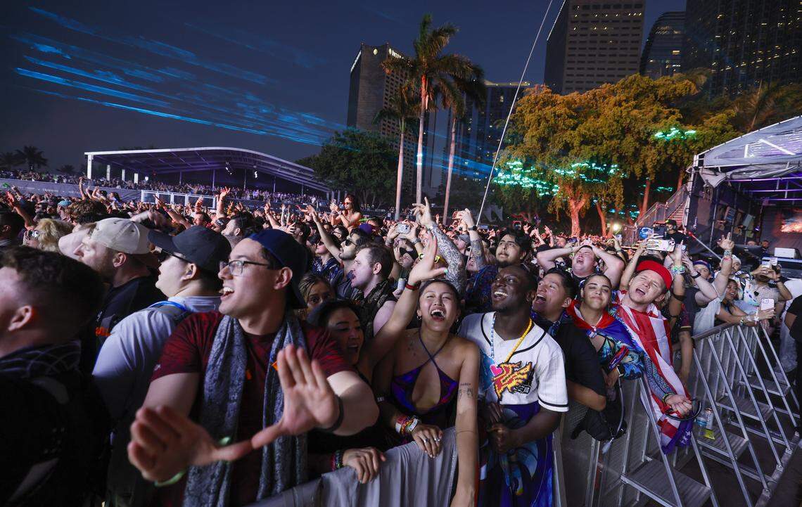 Ultra attendees react during the performance by Illenium at the Main Stage at Ultra Music Festival in Miami, Florida, on Friday, March 27, 2026.
