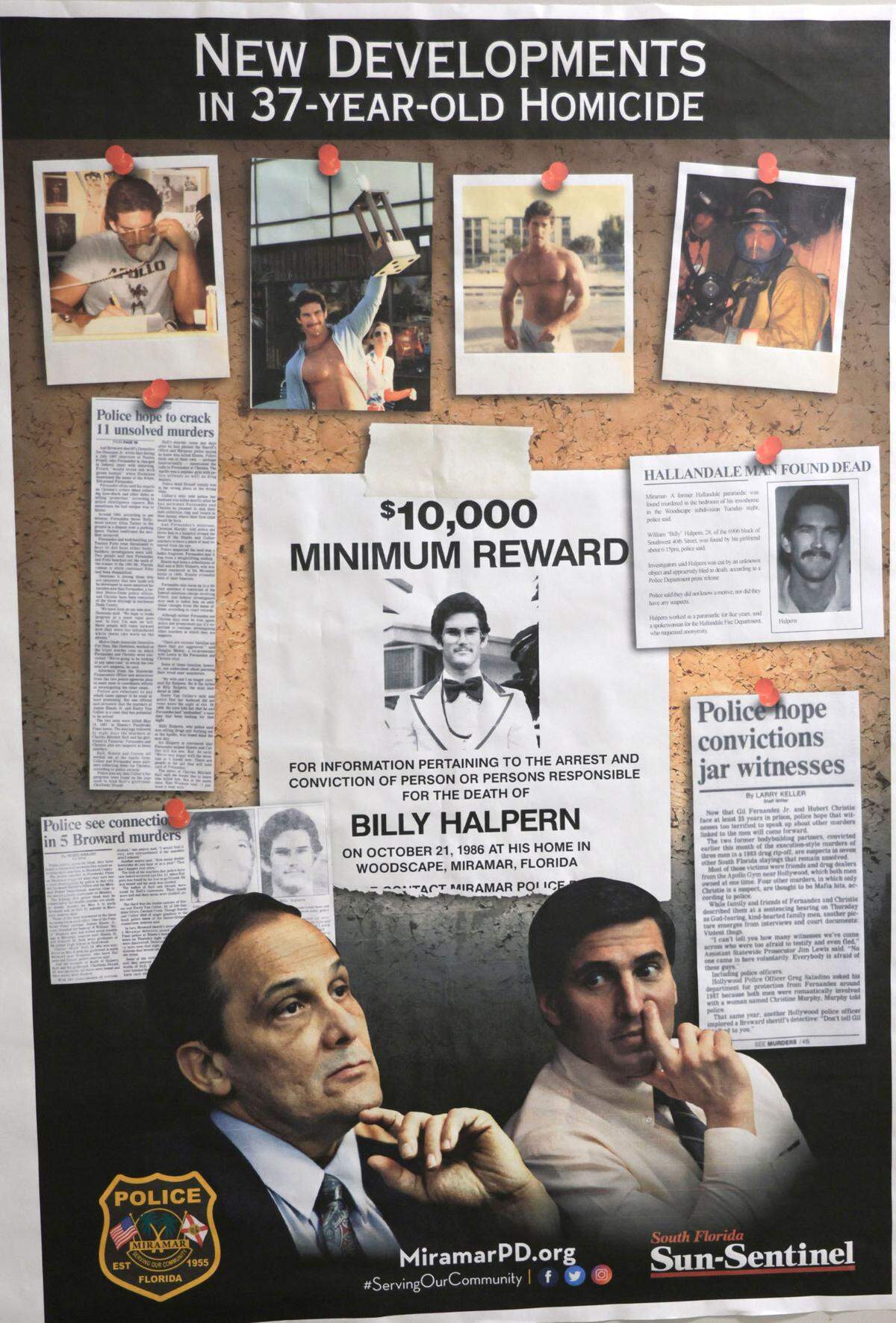 A poster in the halls of the Miramar Police Department during a press conference to announce Harry Collier, who is now deceased, as an offender of a 37-year-old homicide cold case at Miramar Police Department on Tuesday, June 18, 2024. On October 21, 1986, William “Billy” Halpern was brutally murdered in his Miramar home. (Carline Jean/South Florida Sun Sentinel)
