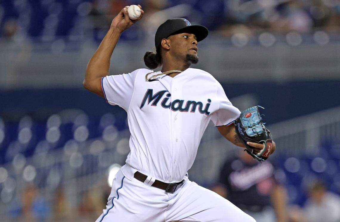 Miami Marlins pitcher Edward Cabrera (79) pitches against the Washington Nationals during the first inning of their baseball game at loanDepot park on Wednesday, August 25, 2021 in Miami, Florida.