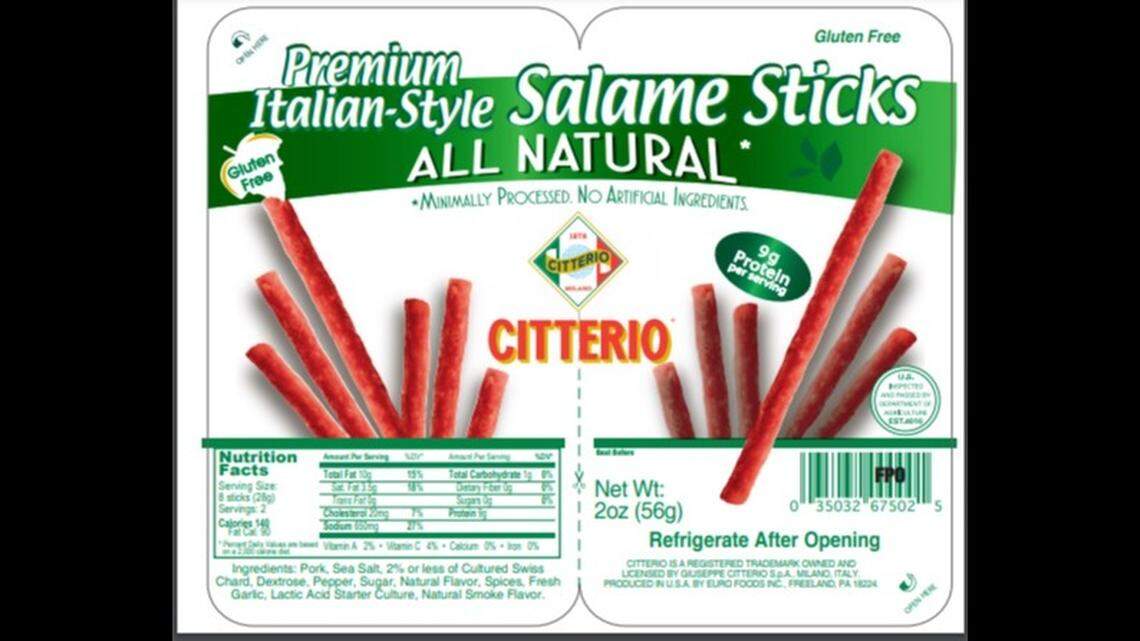 Two-ounce packages of Citterio Premium Italian-Style Salame Sticks ALL NATURAL with best by dates through Jan. 23, 2022, were recalled by Euro Foods internationally due to possible salmonella contamination.