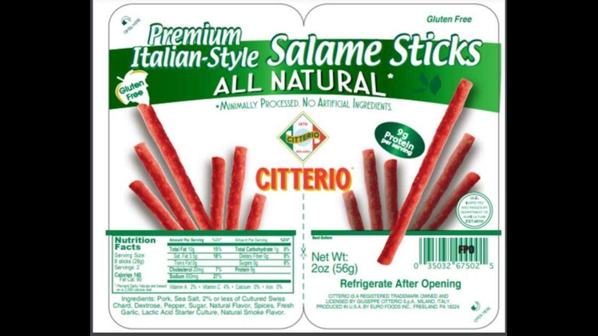 Two-ounce packages of Citterio Premium Italian-Style Salame Sticks ALL NATURAL with best by dates through Jan. 23, 2022, were recalled by Euro Foods internationally due to possible salmonella contamination.