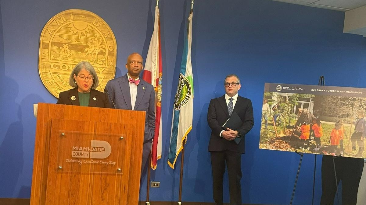 David Clodfelter, far right, joins Miami-Dade Mayor Daniella Levine Cava and Oliver Gilbert, chair of the County Commission, for a press conference unveiling the mayor’s 2024 budget proposal on Monday, July 17, 2023. The next day, Levine Cava announced she was suspending Clodfelter, her budget director, for 10 days over the administration’s failure to get a local gas tax renewed ahead of a July 1 state deadline.