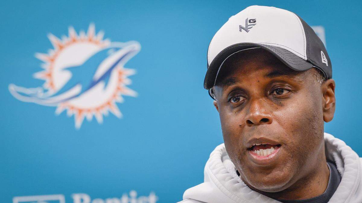 Miami Dolphins general manager Chris Greer speaks to reporters before practice at the Miami Dolphins Training Camp in Miami Gardens, Florida, on Wednesday, August 27, 2025. 