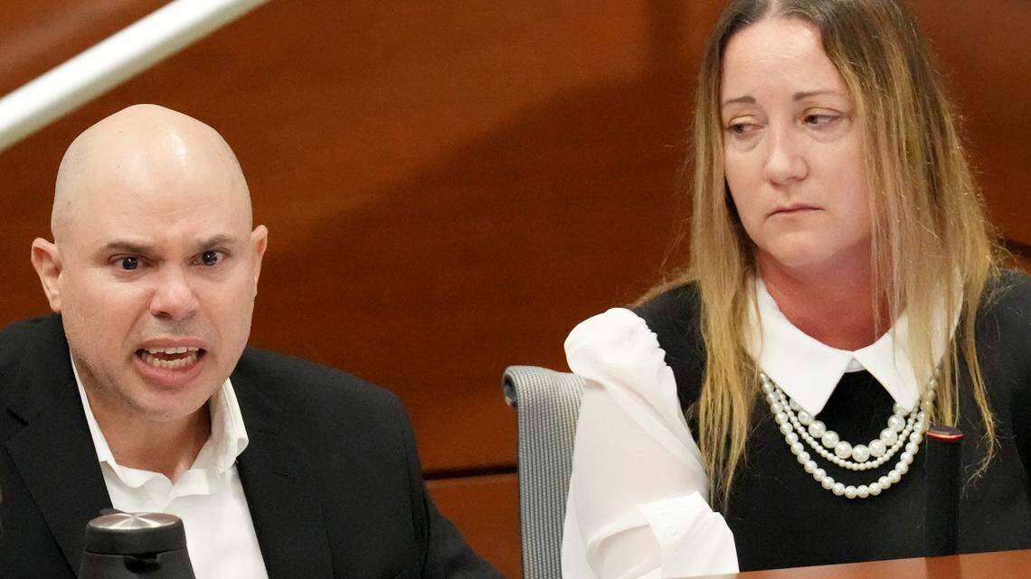 Lori Alhadeff looks towards her husband as Ilan Alhadeff speaks angrily while giving his victim impact statement during the penalty phase of the trial of Marjory Stoneman Douglas High School shooter Nikolas Cruz at the Broward County Courthouse in Fort Lauderdale.
