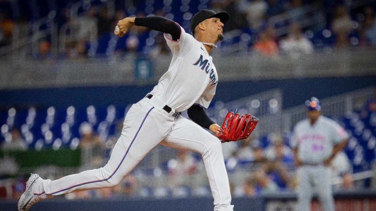 Miami Marlins starting pitcher Eury Perez (39) throws the first pitch during a baseball game against the New York Mets on Wednesday, Sept. 20, 2023, at loanDepot Park in Miami, Fla.