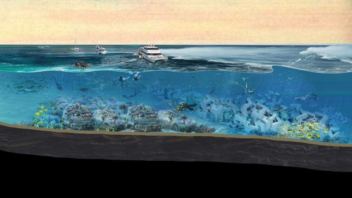 A rendering shows a section of the masterplan by architectural firm OMA for The ReefLine, a planned artificial reef off Miami Beach that will consist of commissioned underwater sculptures by well-known artists set along a spine of concrete structures.