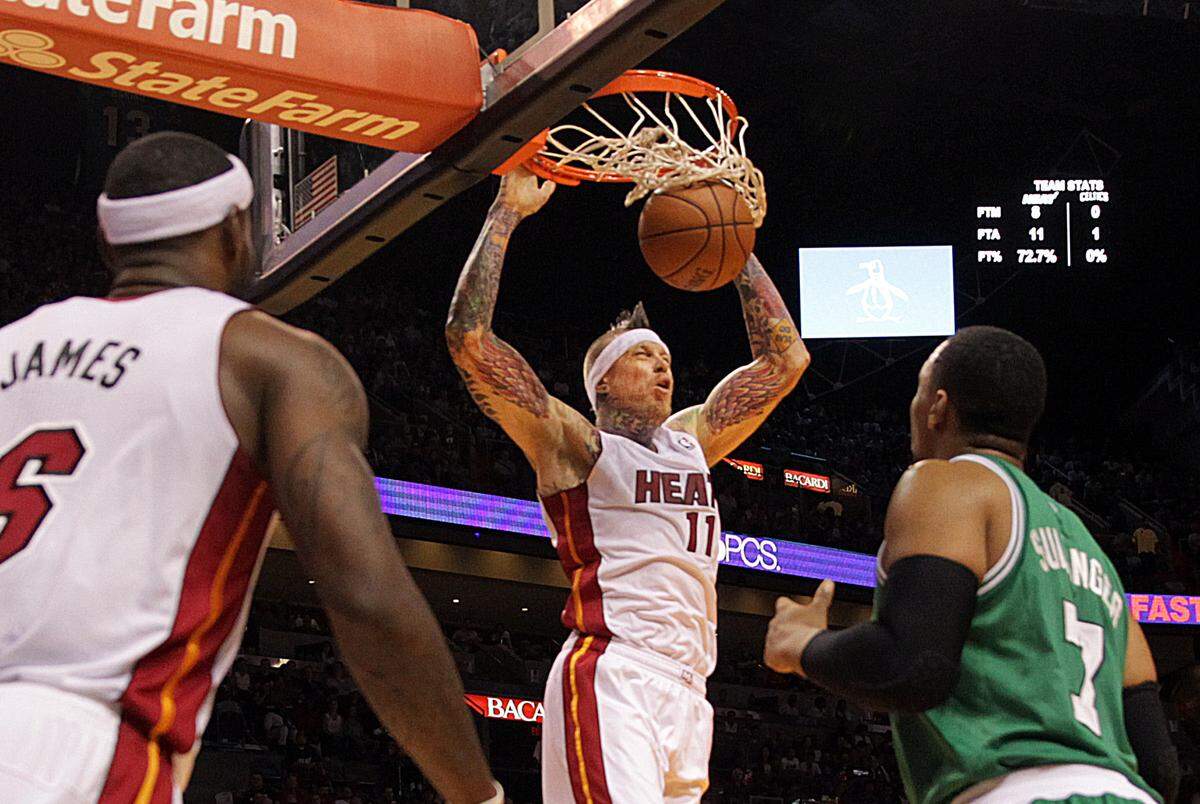 Miami Heat’s Chris Andersen, dunks over Celtics’ Jared Sullinger #7, in the first quarter of the Miami Heat vs Boston Celtics, NBA game at AmericanAirlines Arena in Miami on Saturday, November 09, 2013.