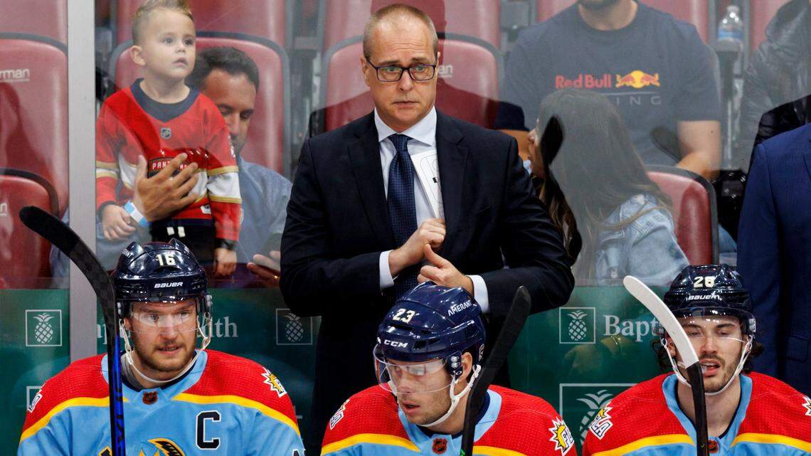 Florida Panthers head coach Paul Maurice looks from the bench during the first period of an NHL game against the Boston Bruins at FLA Live Arena on Wednesday, November 23, 2022 in Sunrise, Fl.