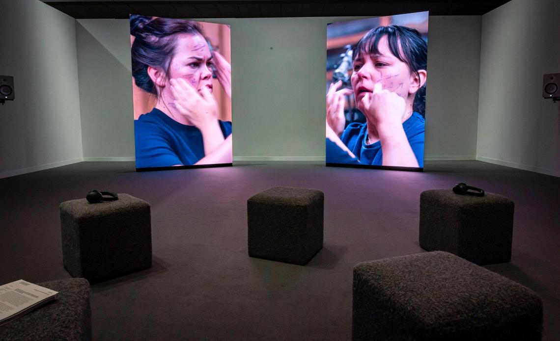 A video installation titled Composition for Face and Hands by Oliver Beer at Meridians during Art Basel.