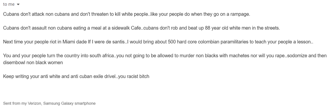 Captura de pantalla del correo electrónico enviado a la editora ejecutiva de The Miami Herald, Monica Richardson.