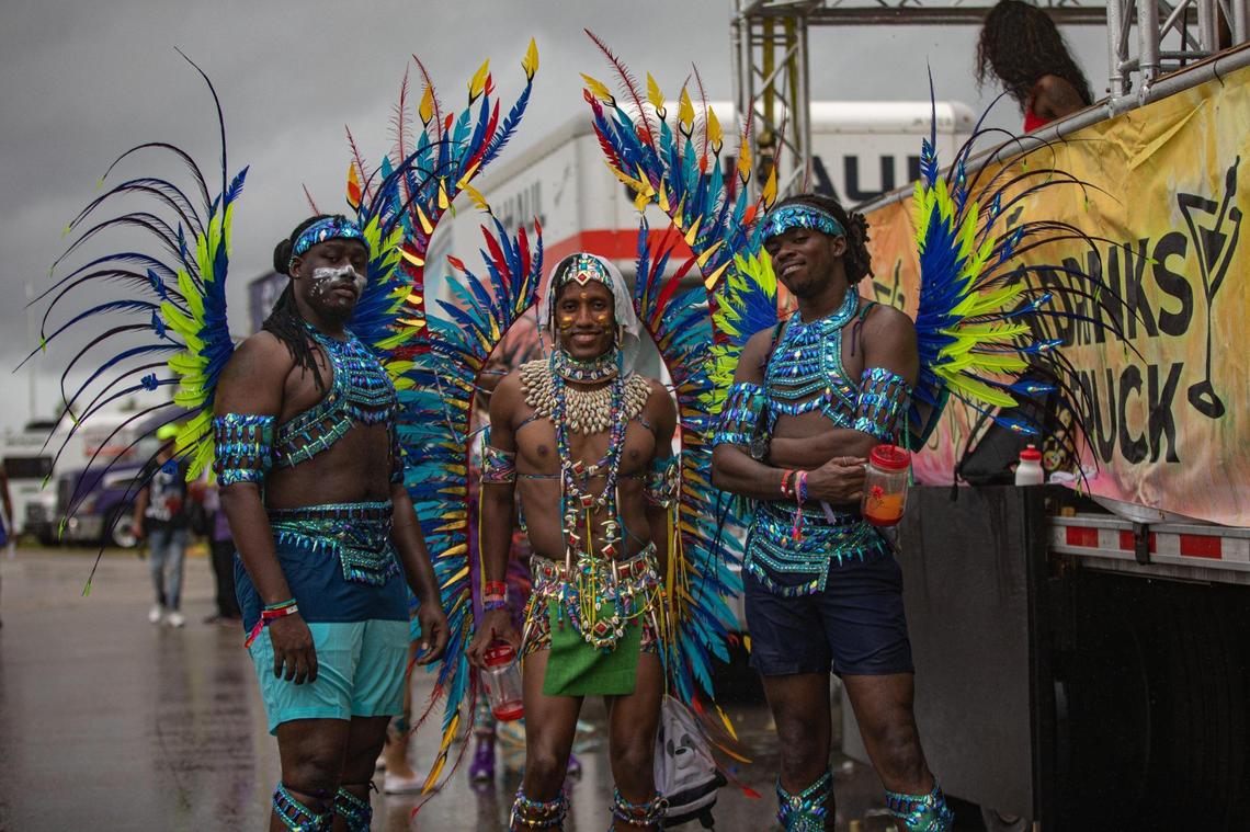 Performers pose for a photo during Miami Carnival at the Miami-Dade County Fair Expo in Miami, Florida on Sunday, October 9, 2022.
