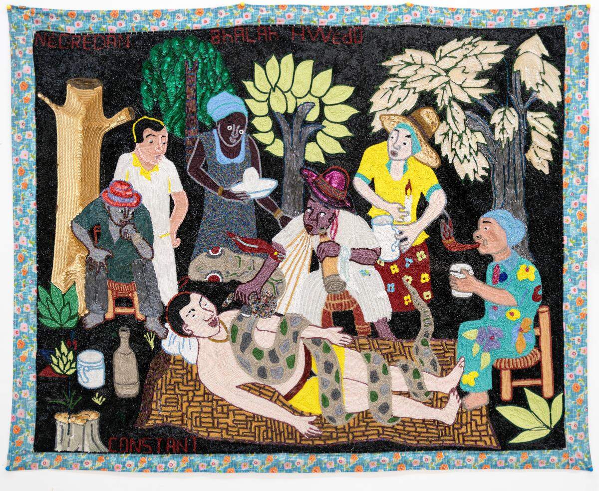 “Exocism,” 1994-2019 work by Myrlande Constant. Sequins, glass beads, and silk on cotton. Collection of the Pérez Art Museum Miami.
