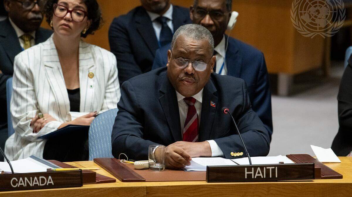 In this photo from July, Haiti’s prime minister Garry Conille addresses a United Nation’s Security Council meeting on the humanitarian mission to that nation. UN Photo