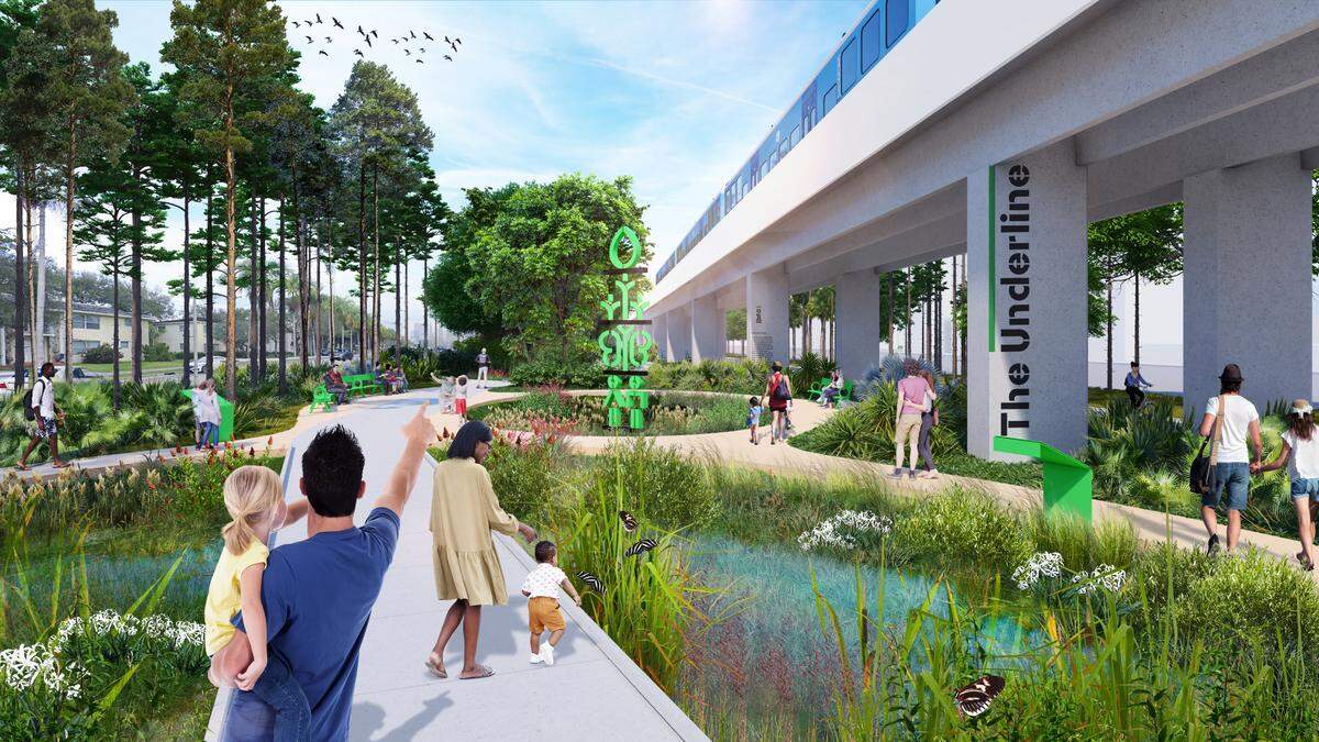 Los innovadores estanques de aguas pluviales de la tercera y última fase de The Underline recogerán la escorrentía de la lluvia, mantendrán los hábitats de plantas autóctonas y servirán de telón de fondo al arte público. Pasarelas elevadas atravesarán los estanques poco profundos, que solo se empaparán cuando llueva.