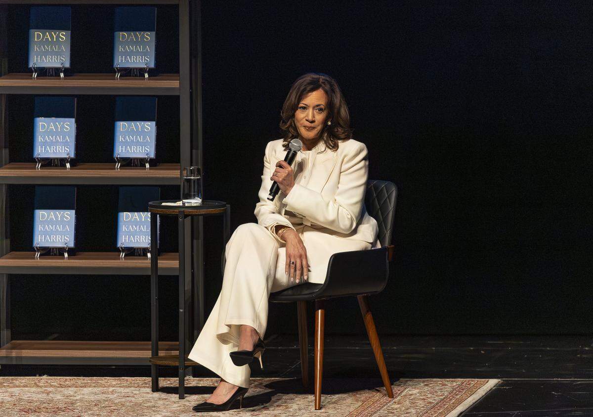 Former U.S. Vice President Kamala Harris speaks during her ‘107 Days’ book tour in Miami. 