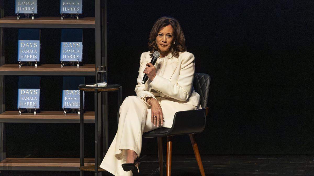 Former U.S. Vice President Kamala Harris speaks during her ‘107 Days’ book tour at the Ziff Ballet Opera House at the Adrienne Arsht Center for the Performing Arts on Nov. 20, 2025, in downtown Miami, Fla.