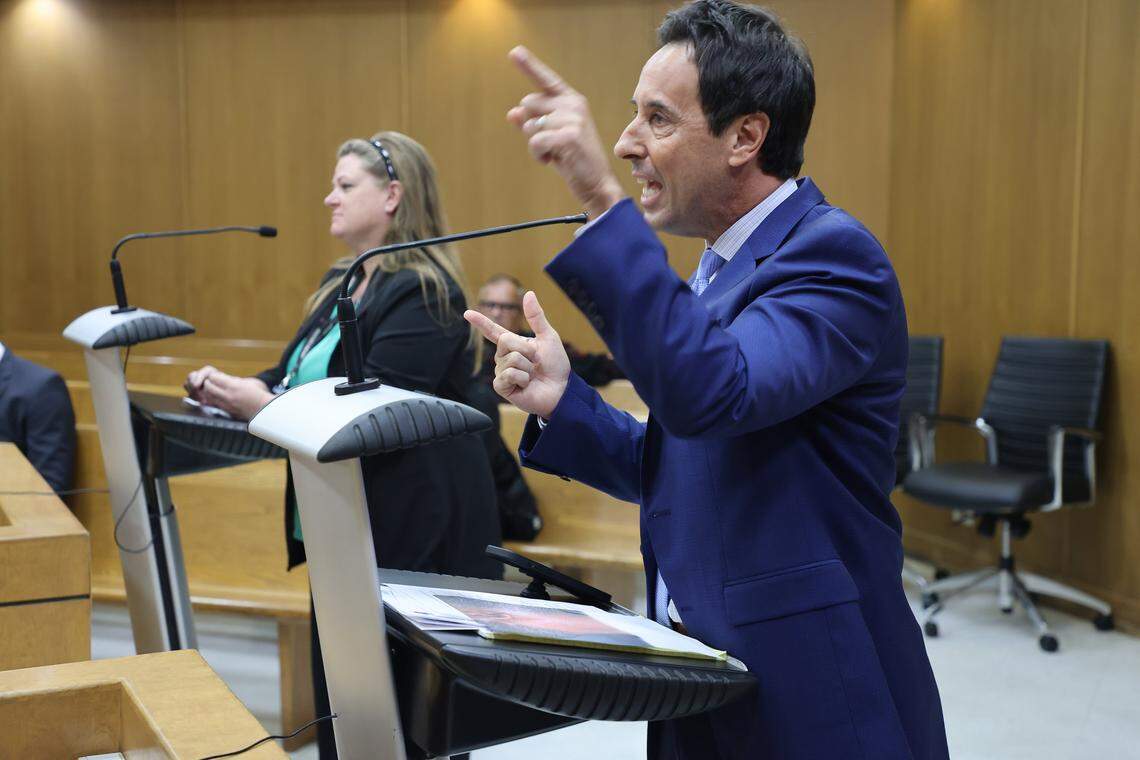 Mark Eiglarsh, right, pleas for bond for Antonio Brown as he challenges the account of the shooting after he filed a written plea of “not guilty” to the attempted murder charge in Bond Court (Courtroom 1-5) with Judge Mindy S. Glazer, center, presiding at the Richard E. Gerstein Justice Building on Wednesday, November 12, 2025, in Miami, Florida.