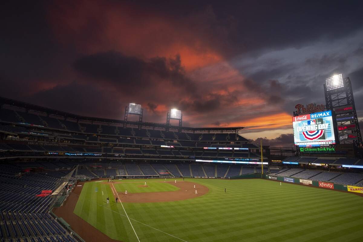 PHILADELPHIA, PA - JULY 24: A general view of Citizens Bank Park in the top of the sixth inning of the Opening Day game between the Miami Marlins and Philadelphia Phillies on July 24, 2020 in Philadelphia, Pennsylvania. The 2020 season had been postponed since March due to the COVID-19 pandemic. The Marlins defeated the Phillies 5-2. (Photo by Mitchell Leff/Getty Images)