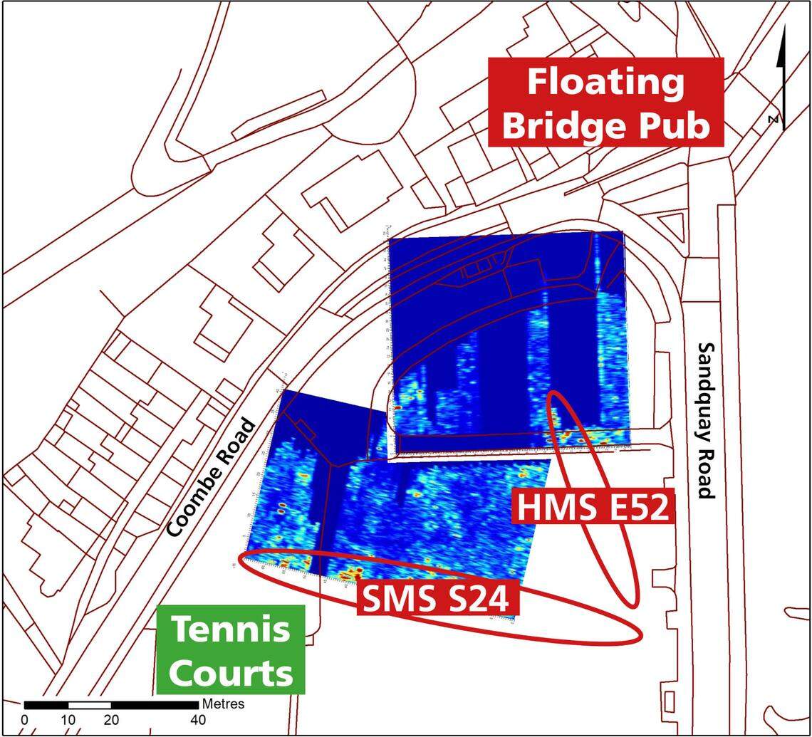 A graphic of the park showing the possible location of the submarine HMS E52 and German torpedo boat SMS S24.