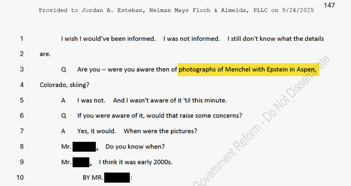 House Oversight Committee question for Alexander Acosta about a picture allegedly showing Jeffrey Epstein and Matthew Menchel skiing together.