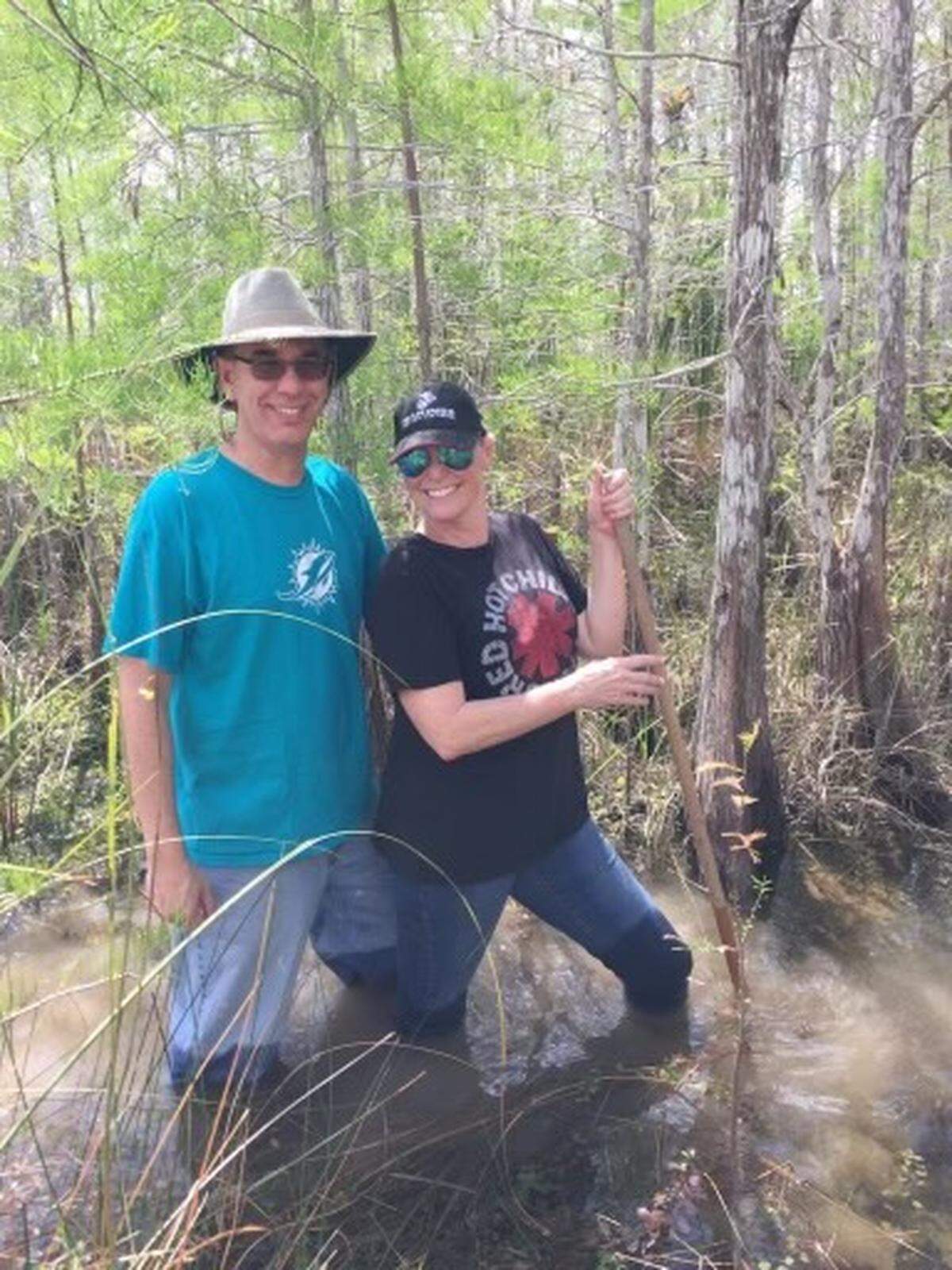Sean McCrackine and his wife, Lou McCrackine, on their first swamp walk to a cypress dome in the Everglades.