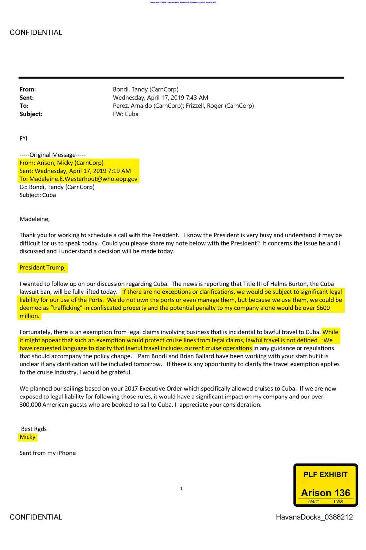 Screenshot of a PowerPoint presentation by Havana Docks’ lawyers filed in a Miami federal court. Carnival CEO Micky Arison wrote an email to President Donald Trump asking to protect cruise companies from lawsuits related to confiscated property in Cuba.