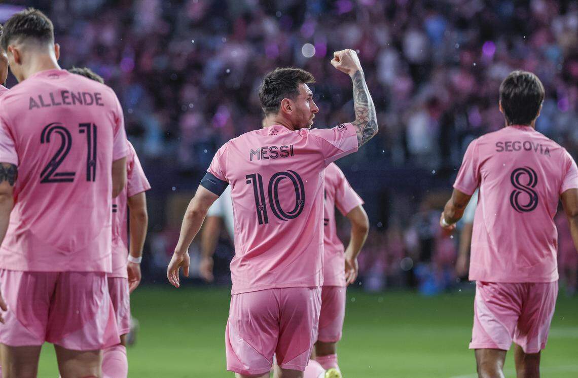 Inter Miami CF  forward Lionel Messi (10) reacts after scoring against Austin FC in the first half half of their MLS match at Nu Stadium in Miami Freedom Park on Saturday, April 4, 2026, in Miami, Florida.