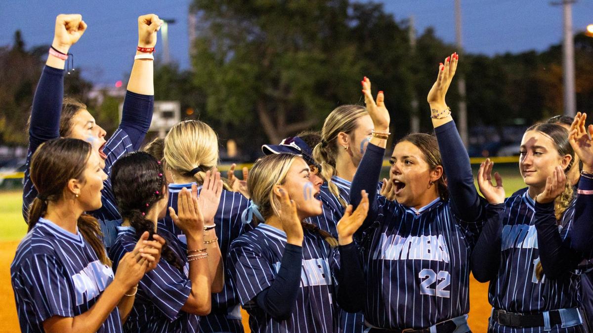 Coral Springs Charter players react to defeating Western 10-3 during the BCAA BIG 8 Softball Championship in Pompano Beach, Florida, on Thursday, April 25, 2024.