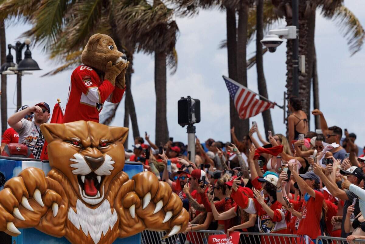 Stanley C Panther blows kisses to fans during the Florida Panthers Stanley Cup Championship victory parade on Sunday, June 22, 2025, down Las Olas in Fort Lauderdale, Fla.