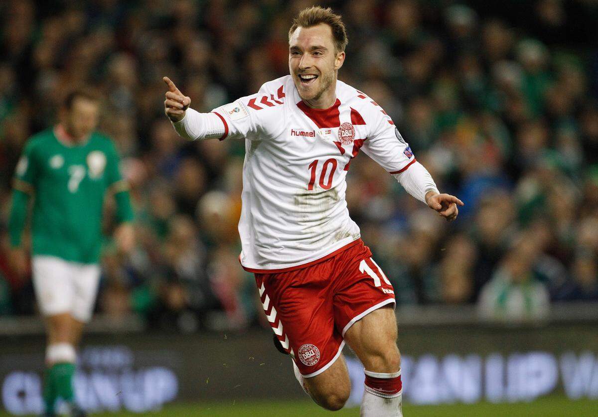 FILE - In this Tuesday, Nov. 14, 2017 filer, Denmark's Christian Eriksen celebrates after scoring his side's third goal during the World Cup qualifying play off second leg soccer match between Ireland and Denmark at the Aviva Stadium in Dublin. (AP Photo/Peter Morrison, File)
