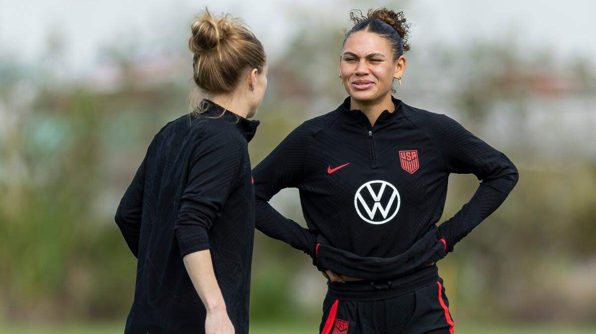 United States forward Trinity Rodman (8) attends team practice at the Florida Blue Training Center on Tuesday, Nov. 28, 2023, in Fort Lauderdale, Fla.