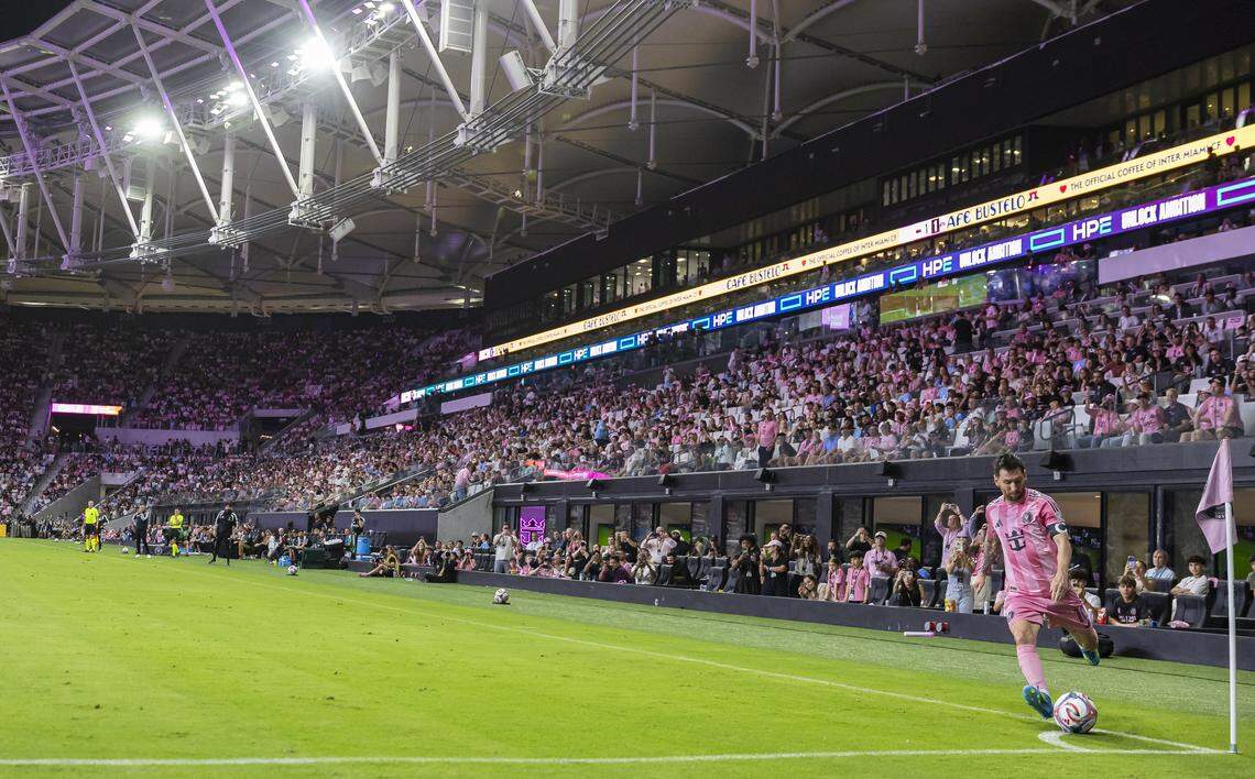 Inter Miami CF forward Lionel Messi (10) takes a corner kick against Austin FC in the first half of their MLS match at Nu Stadium in Miami Freedom Park on Saturday, April 4, 2026, in Miami, Fla.