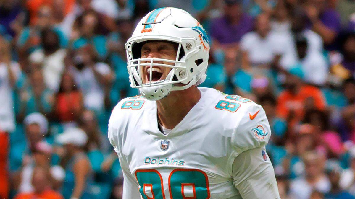 Miami Dolphins tight end Mike Gesicki (88) reacts after a first down during first quarter of an NFL football game against the Minnesota Vikings at Hard Rock Stadium on Sunday, October 16, 2022 in Miami Gardens, Florida.