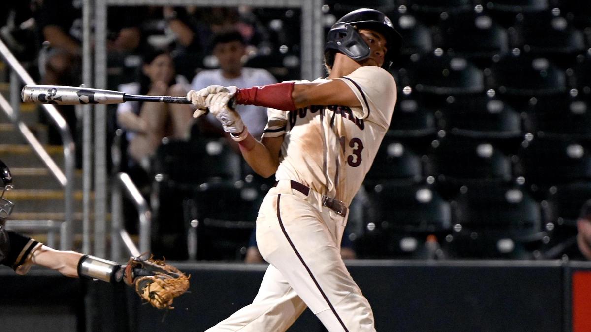 Stomeman Douglas’ Devin Fitz Gerald connects on a single during the Class 7A baseball state championship matchup against Tampa Plant in Fort Myers, Fla. on Wednesday.