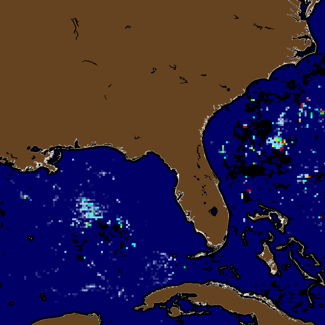 A recent image provided by USF’s Optical Oceanography Laboratory shows patches of sargassum (colored baby blue, red and other colors) are offshore of Florida’s coast.