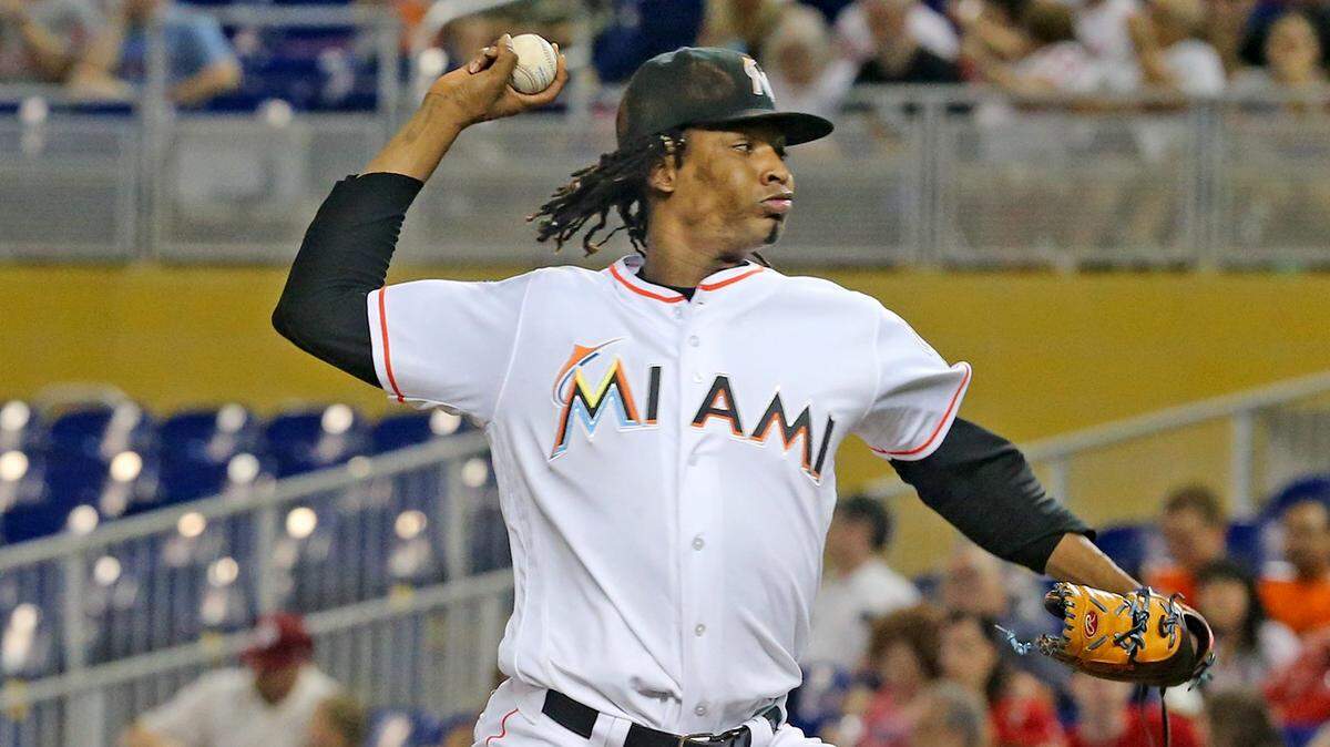 The Miami Marlins’ José Ureña pitches in the first inning against the Philadelphia Phillies at Marlins Park in Miami on Sept. 4, 2018.