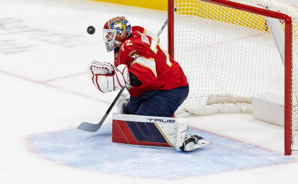 Florida Panthers goaltender Sergei Bobrovsky (72) defends his post against the Los Angeles Kings in the first period of their NHL game at Amerant Bank Arena on Wednesday, Jan. 29, 2025, in Sunrise, Fla.