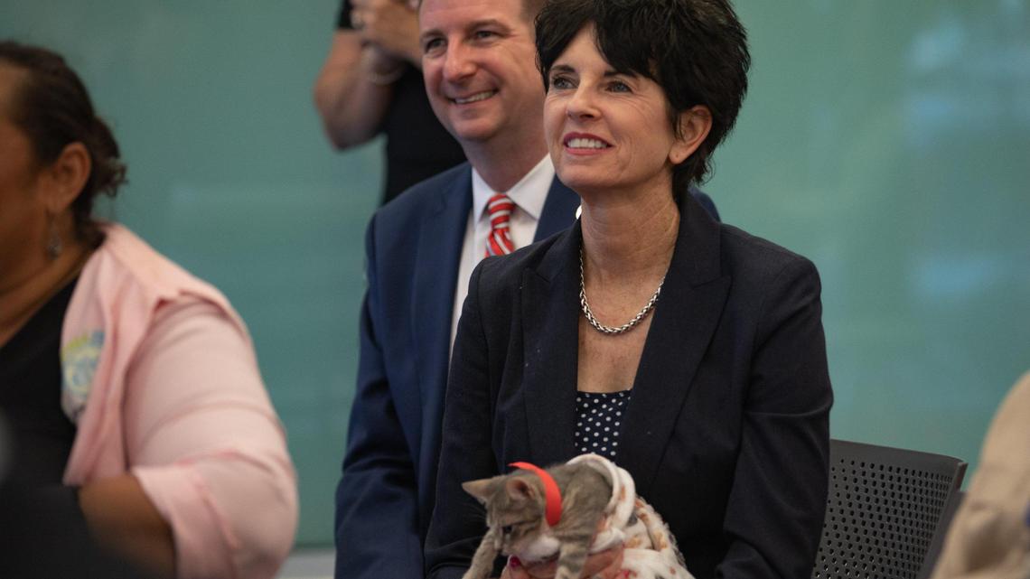 In this file photo from Dec. 18, 2022, Bronwyn Stanford, then-director of Animal Services, held Tatiana at the Miami-Dade Animal Services Pet Adoption & Protection Center in Doral, Florida, during a press conference. On July 14, 2023, Stanford was placed on administrative leave by Miami-Dade Mayor Daniella Levine Cava.