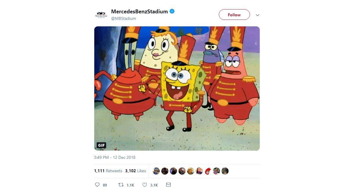 The host venue of the Super Bowl, Atlanta’s Mercedes Benz Stadium, tweeted a gif of SpongeBob from the episode where the song, “Sweet Victory,” is performed at a football game. An online petition to have the song added to the Super Bowl halftime show following show creator Stephen Hillenburg’s death has more than 900,000 signatures.