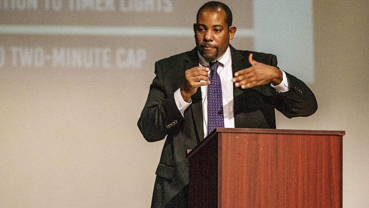 Dr. Paul O. Burns, Deputy Chancellor for Educator Quality, speaks during the first (at Miami Jackson Senior High School,) of three public forums at where Floridians will have the opportunity to offer public input on the recently revised drafts of Florida’s student academic standards in several content areas. Earlier this year, the Florida Department of Education opened Rule 6A-1.09401, Florida Administrative Code, for rule development to adopt or revise student academic standards for several content areas.on Tuesday June 01, 2021.

