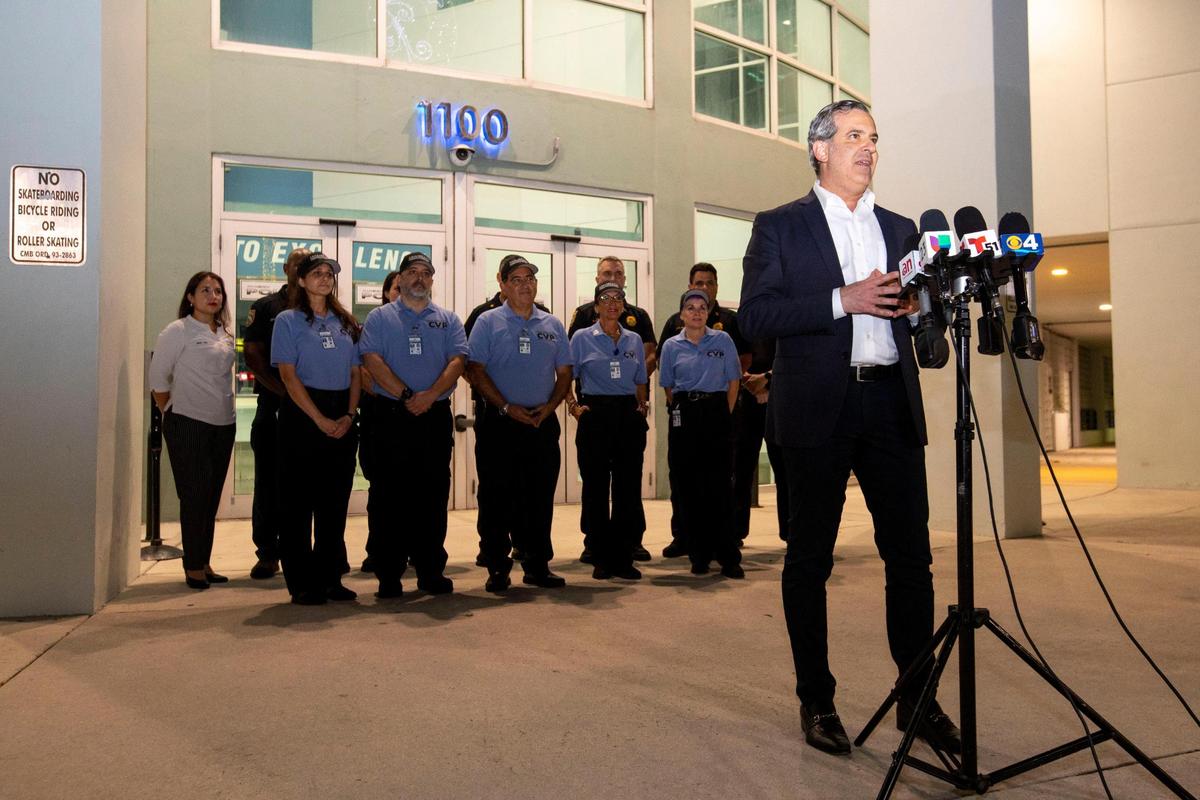 Miami Beach Commissioner Steven Meiner speaks to the media during a press conference introducing the Civilian Volunteer Patrol initiative outside Miami Beach Police Department headquarters in Miami Beach on Monday, Dec. 13, 2021.
