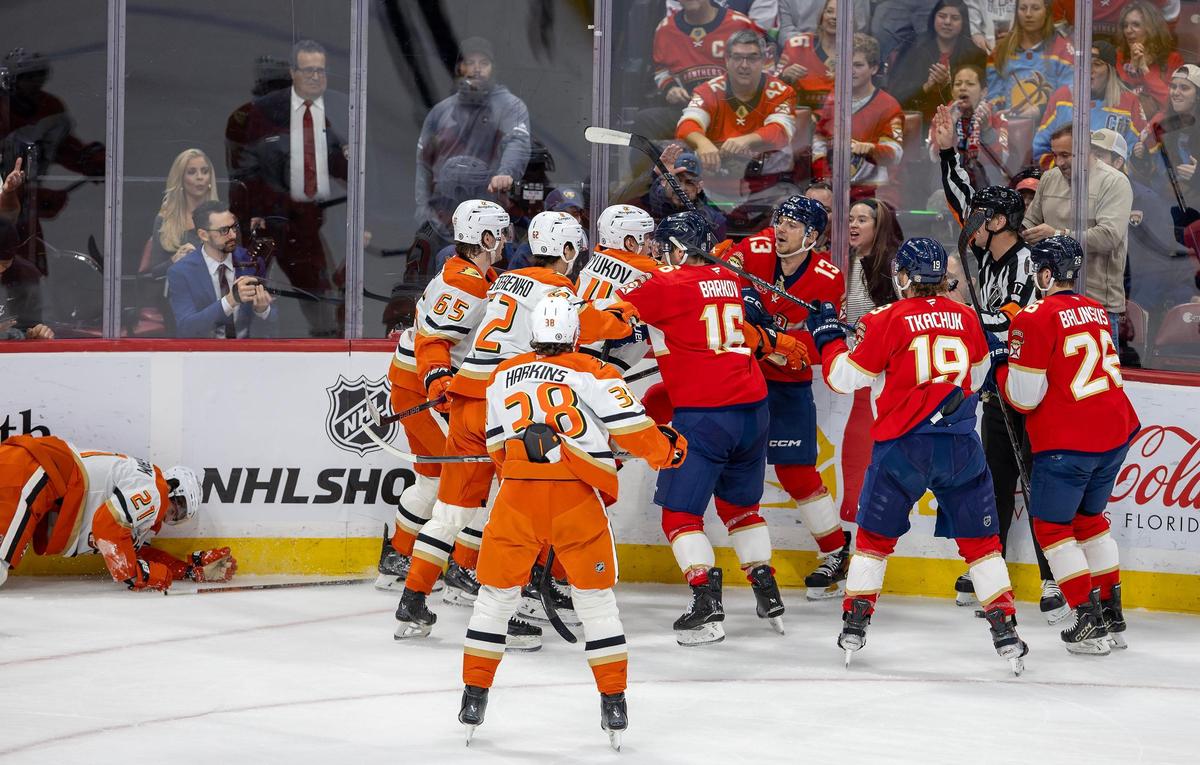 Florida Panthers center Sam Reinhart (13) lays a hard hit on Anaheim Ducks center Isac Lundestrom (21), sending him to the ice, while Ducks defenseman Pavel Mintyukov (34) engages with Reinhart during the first period of an NHL game at Amerant Bank Arena on Saturday, Jan. 18, 2025, in Sunrise, Fla.