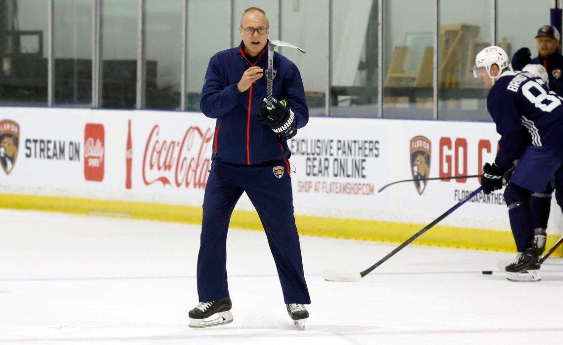 Florida Panthers head coach Paul Maurice directs players during practice at Florida Panthers IceDen in Coral Springs, Florida on Thursday, September 21, 2023.