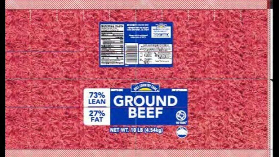 Packaging from one of the recalled Tyson beef products. This is the chub film on “Hill Country Fare Ground Beef 73% Lean/27% Fat ground beef that was recalled on Nov. 16, 2022.