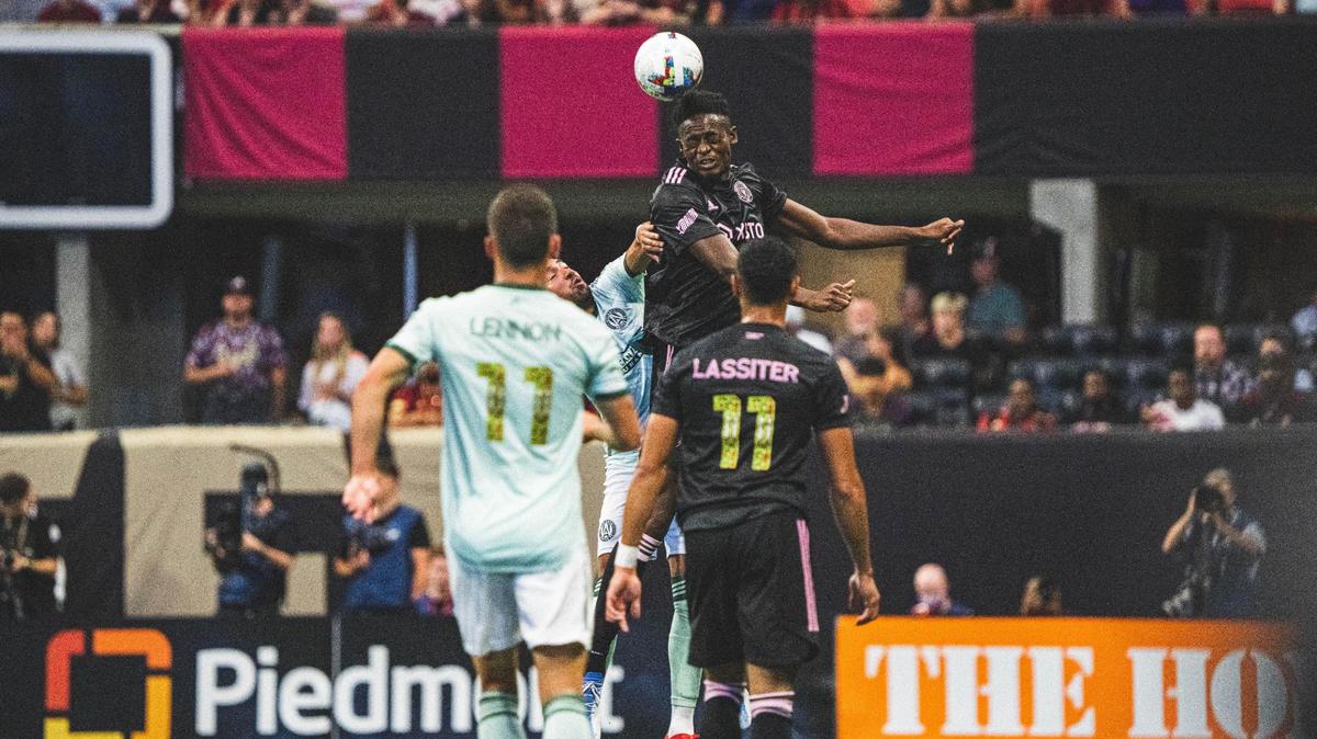 Inter Miami defender Aimé Mabika heads the ball during Sunday’s 2-0 loss to Atlanta United.