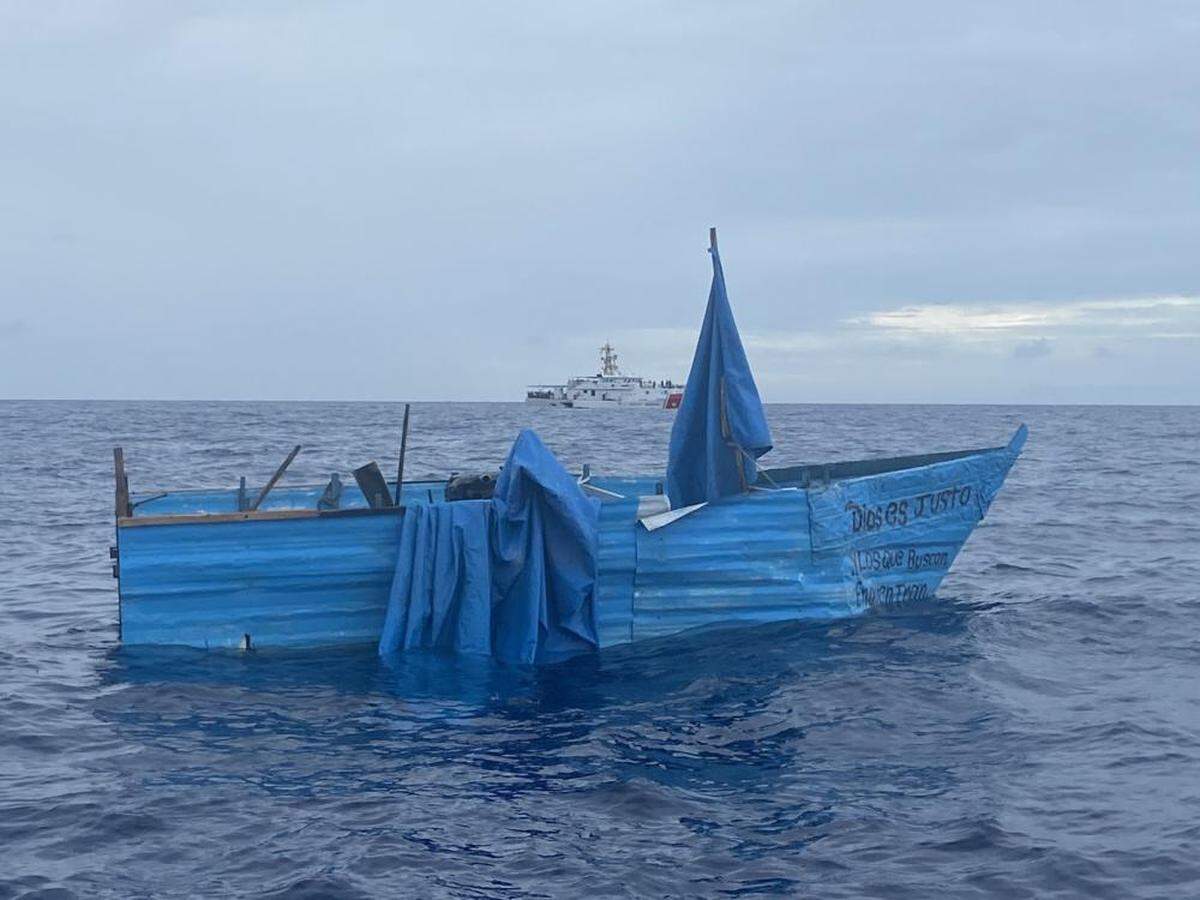 A civilian reported to Coast Guard Sector Key West watchstanders a rustic vessel about 20 miles south of Boot Key, Florida, Tuesday, May 31, 2022. The people were repatriated June 2.