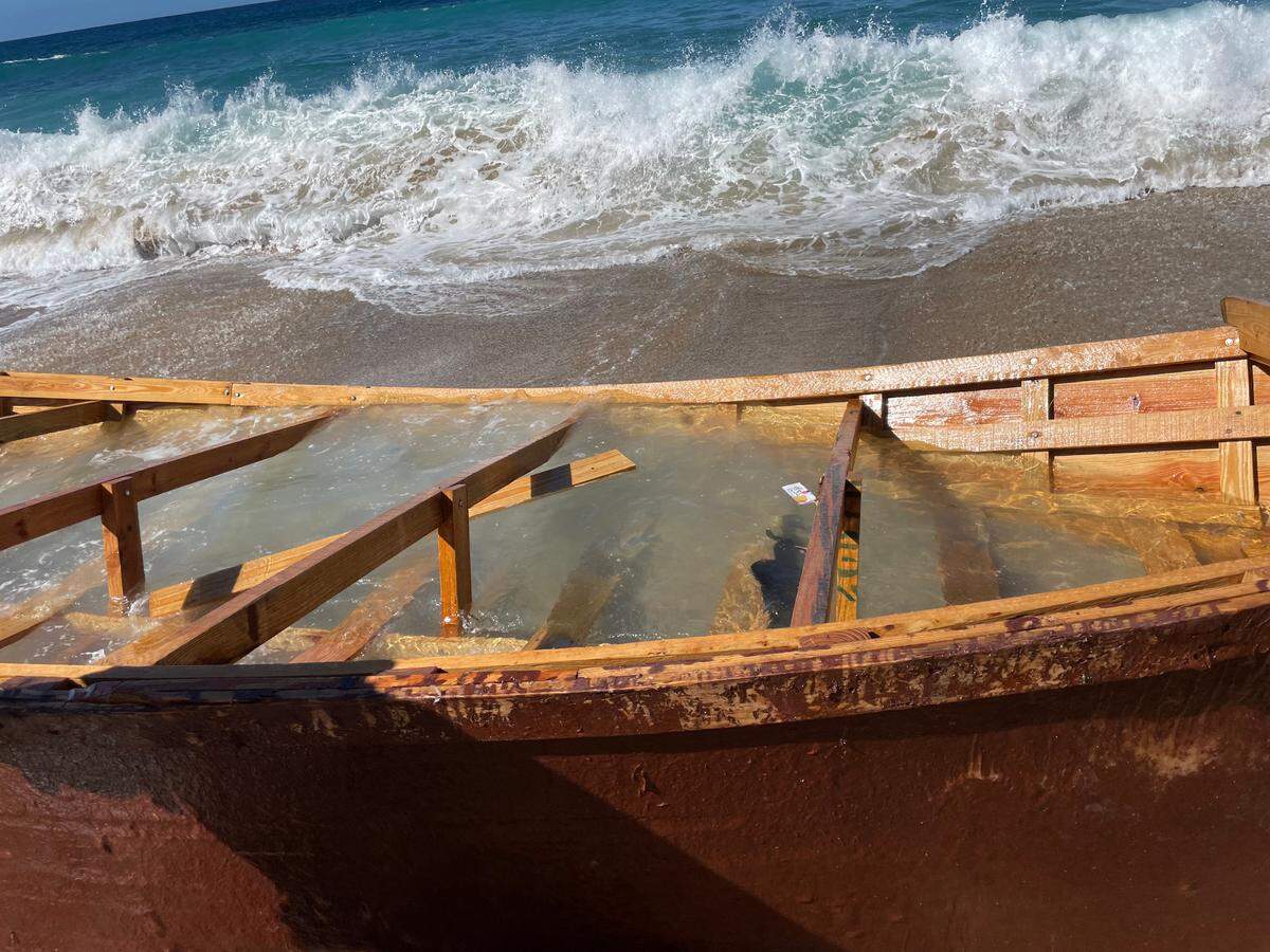 The boat that a large group of 45 Haitian migrants reportedly used to get to Rincón, Puerto Rico, on Jan. 24, 2022.