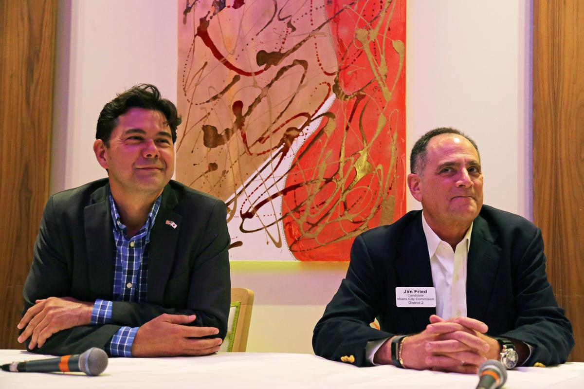Candidates for City of Miami’s District 2 election, incumbent commissioner Ken Russell, left, and challenger Jim Fried, participates in a forum hosted by Downtown Democrats at restaurant Zest Miami on Wednesday, October 2, 2019.