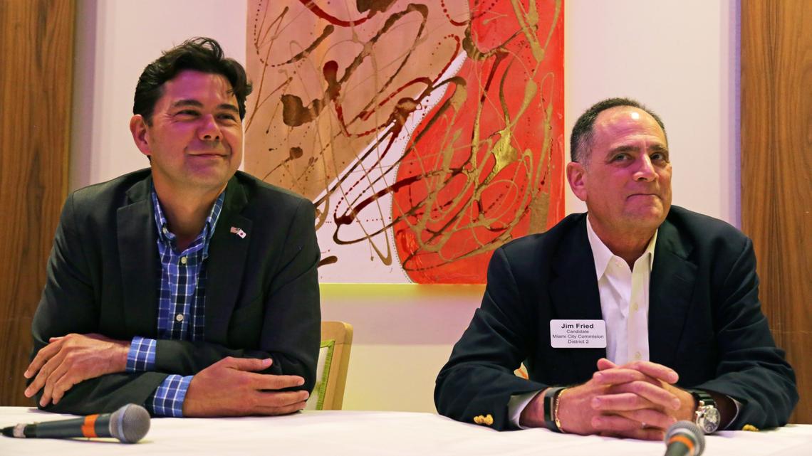Candidates for Miami’s District 2 election, incumbent commissioner Ken Russell, left, and challenger Jim Fried, participate in a forum hosted by Downtown Democrats at restaurant Zest Miami on Wednesday, Oct. 2, 2019.